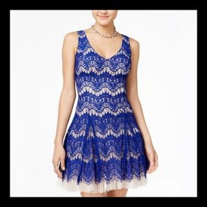 B. DARLIN ROYAL BLUE FIT FLARE LACE DRESS